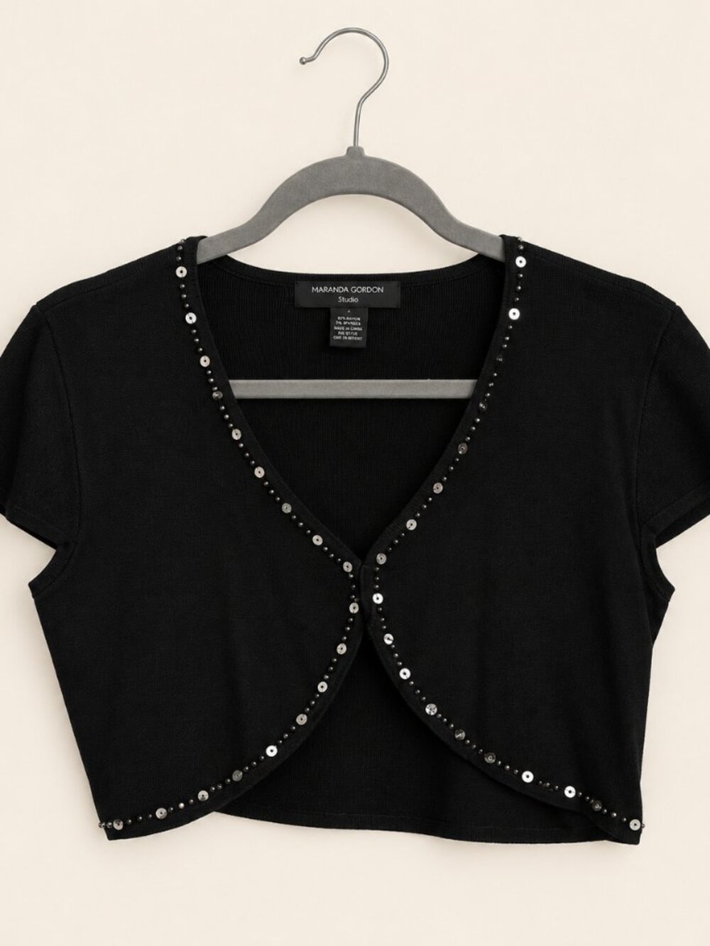 Maranda Gordon Studio Black Sequin Bead Trim Cropped Cardigan Shrug L